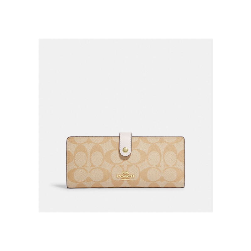 Coach Slim Wallet In Signature Canvas Gold/Light Khaki Chalk Original US Dompet