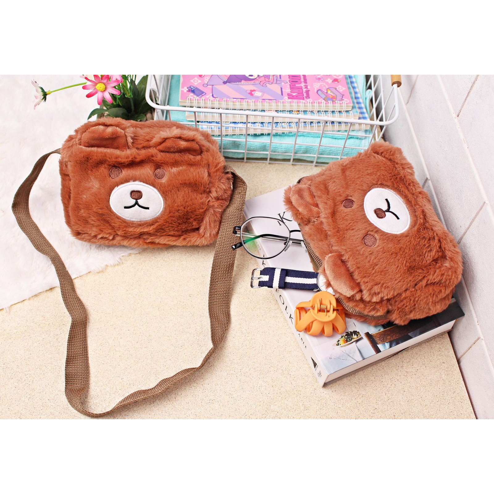 Tas Selempang Wanita Korea Kepala Bear Boneka Rilakkuma Beruang Bulu Sling Bag Kotak Lucu Anak Dewasa Perempuan Bukan Import