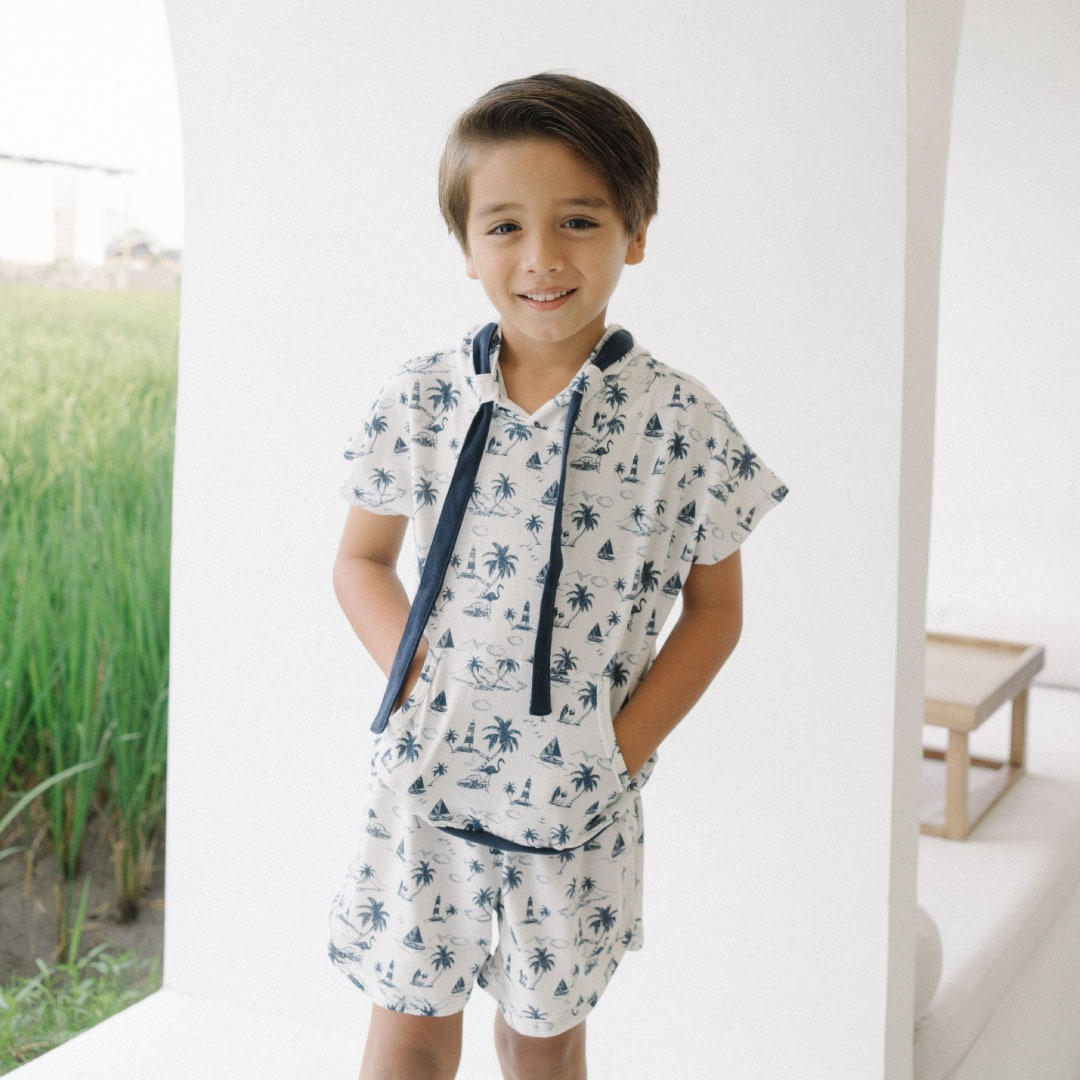 Little Palmerhaus Summer Hoodie Set 1-6 Tahun Setelan Hoodie Pendek Musim Panas Anak Unisex CBKS