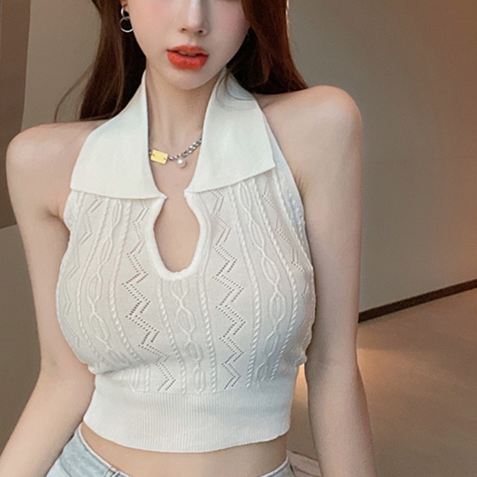 【Elegant】Solid Color Off Shoulder Halter Knitted Crop Tops  2110