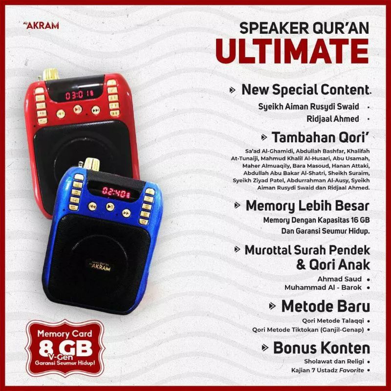 Al Akram Ultimate Speaker Al Quran Alakram Murottal Free Microfon Kabel USB SD Card Charger Murotal Alquran