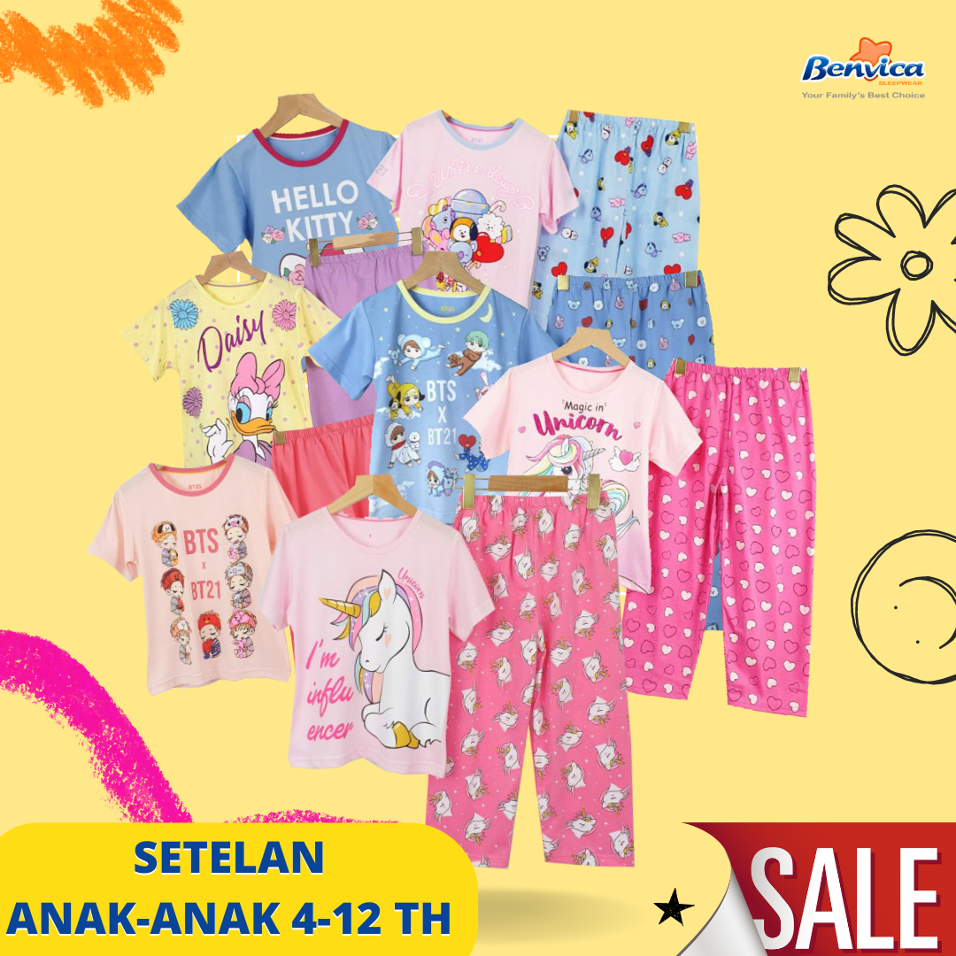 SETELAN ANAK PEREMPUAN CELNA PANJANG  USIA 6 SAMPAI 12 TAHUN BAJU TIDUR KAOS KARAKTER