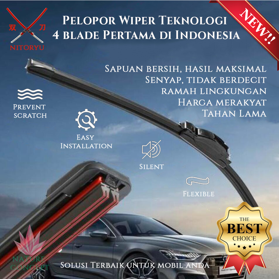 Wiper Dual (2) Blade Quad (4) Blade NITORYU Frameless UNIVERSAL NEW Technology Wiper Mobil Tercanggih TERMURAH bisa untuk semua jenis mobil