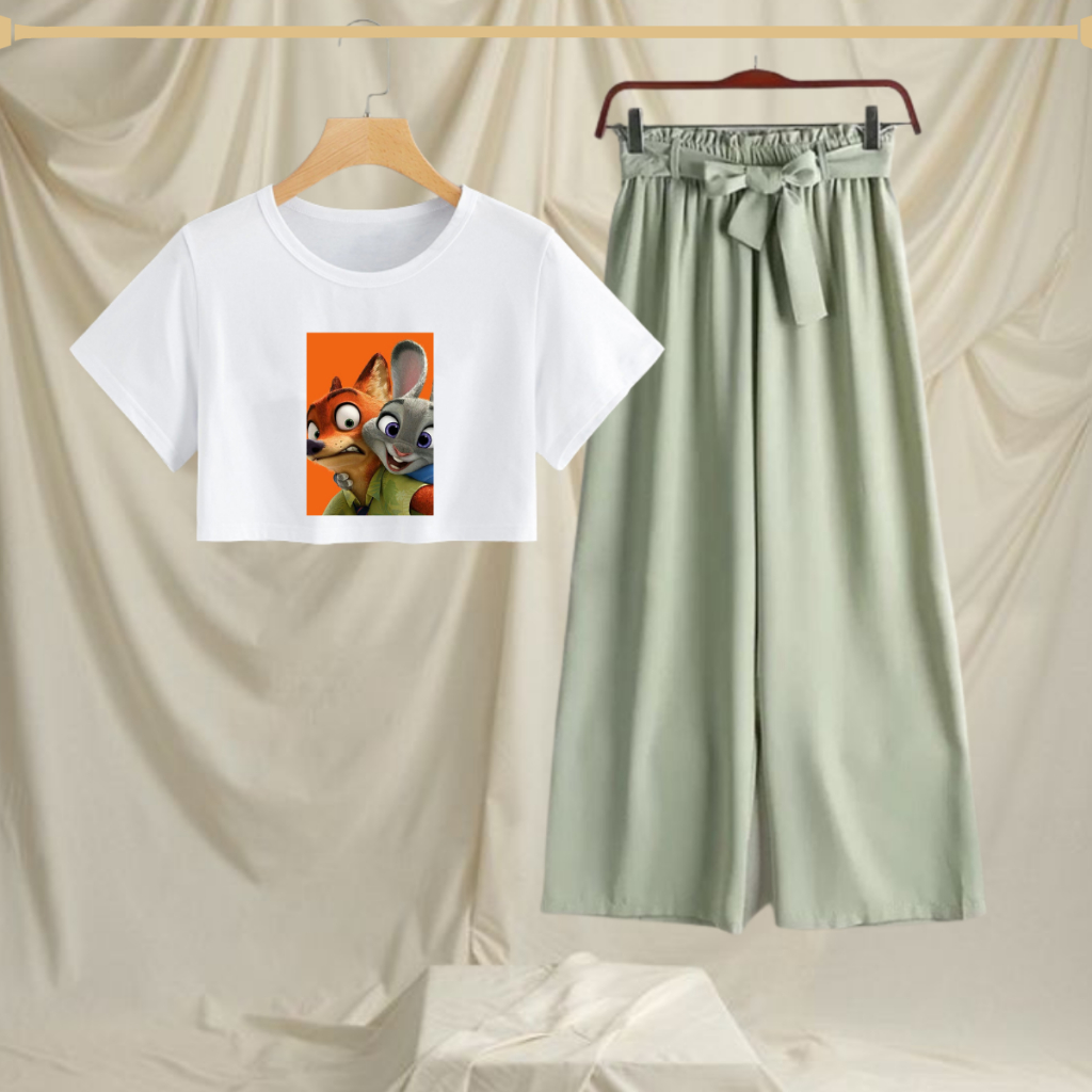 JBF Baju Remaja Setelan Kulot Warna Mint Dan Atasan Crop Top Take Picture
