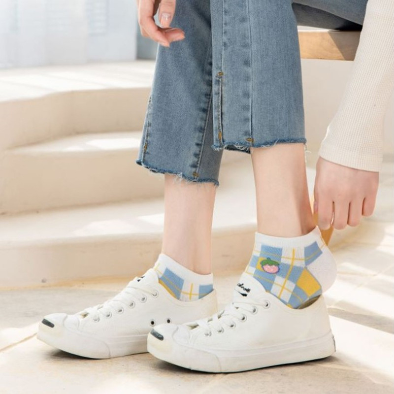 T&amp;Y Kaos Kaki Wanita Bear Putih Biru Kuning 6771 Karakter Rabbit Bear Kaus kaki Pendek Semata Kaki Fashion Motif Kotak Garis  Women Sock Import Cute