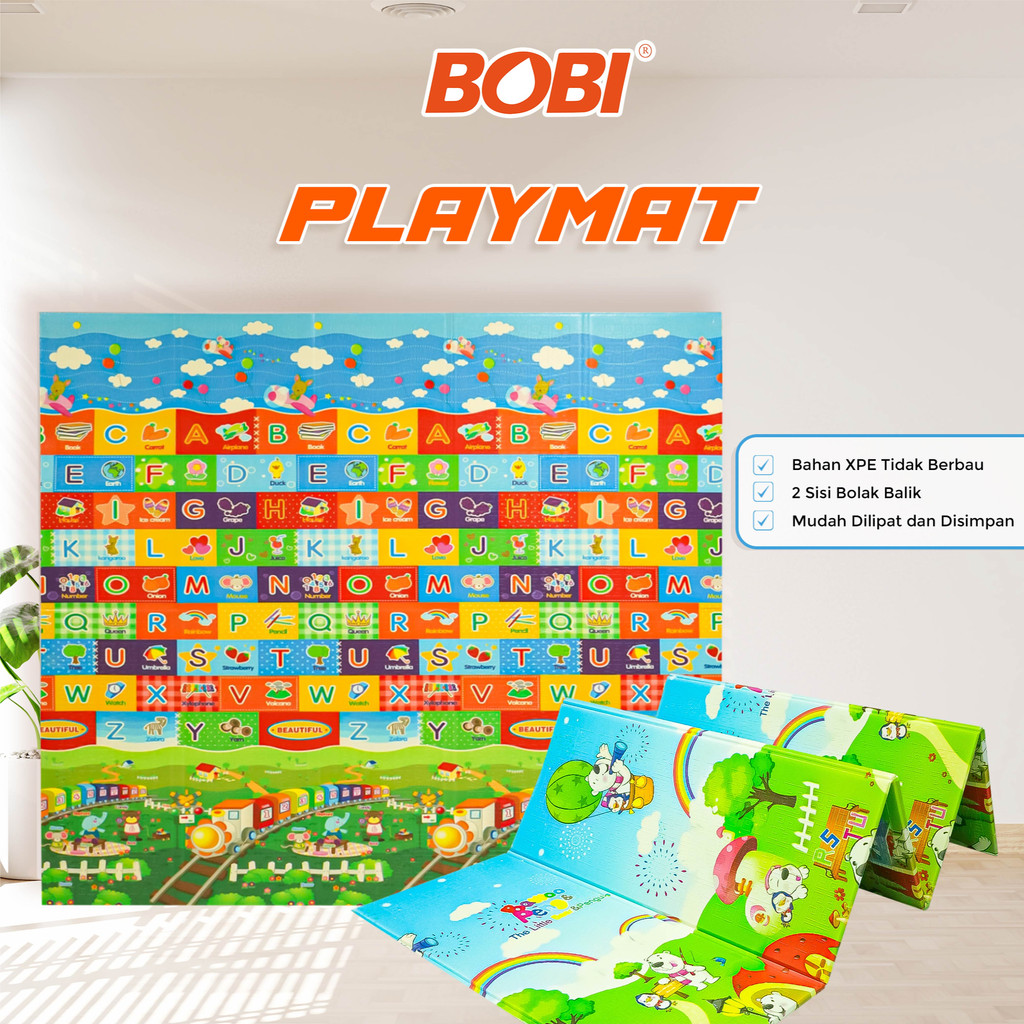 Tikar Lipat Merk Bobi Tipis - Karpet Lipat Anak Waterproof Baby Playmat Foam  / Motif Random TANPA TAS