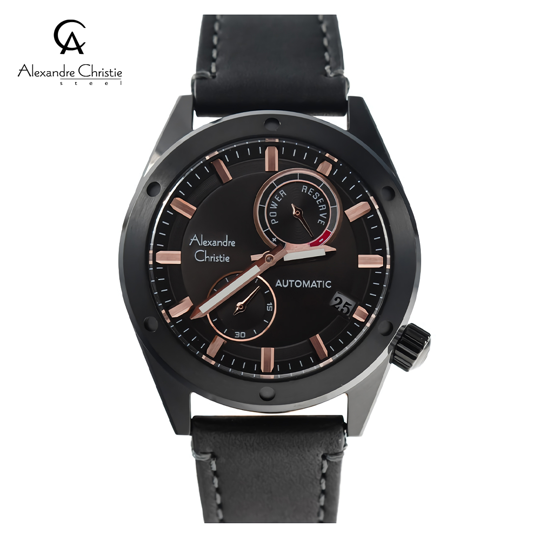 Alexandre Christie 3046 MALIPBARG - Jam Tangan Pria - Black Rosegold - Leather Strap