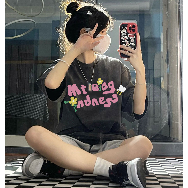 EUNII T-shirt Lengan Pendek Black Washed Cartoon Bee Printing Korean Style/Kaos Atasan Wanita/Baju Wanita/Kaos Wanita