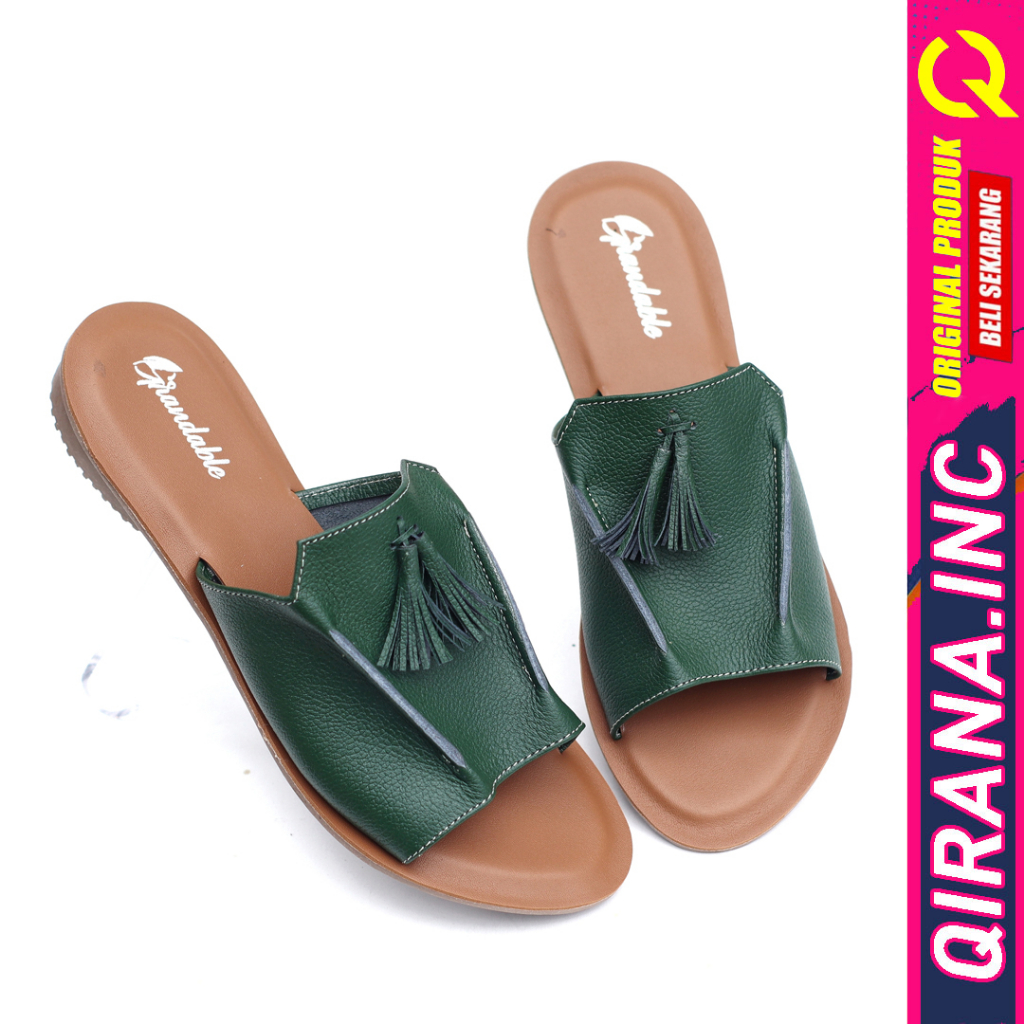 Sandal Sandal Slop Kulit Wanita Kimo Hijau