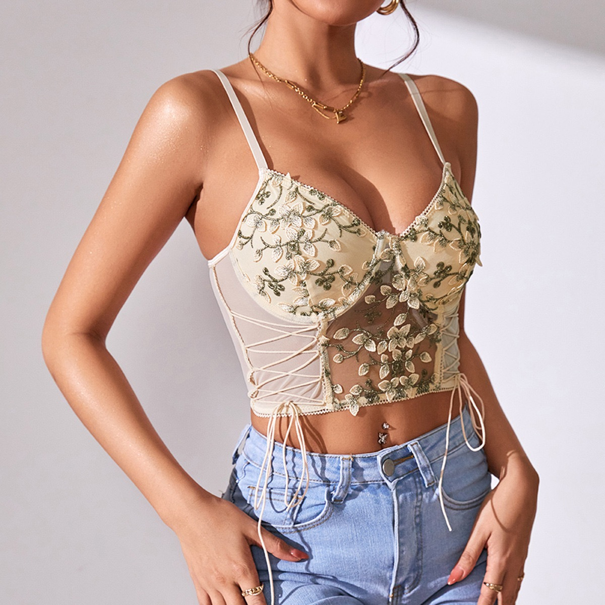 Vintage Corset Lace Tank Top Women Flower (S - L) 2303