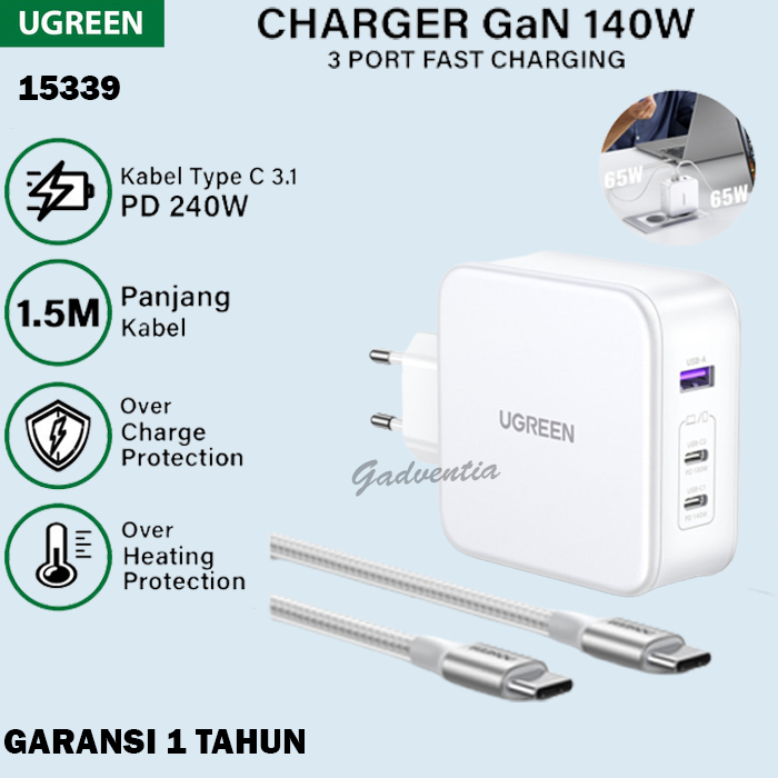 Ugreen Nexode Kepala Adaptor Charger GaN Fast Charging 20W 30W 45W 65W 100W 140W 200W Laptop Handphone Iphone Android-3