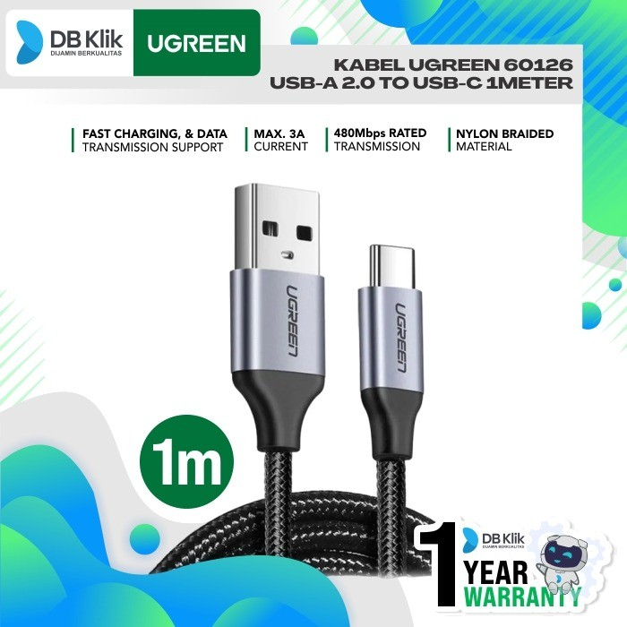Kabel UGreen 60126 Usb-A 2.0 to Usb-C 1Meter - Kabel Nylon 60126 1M