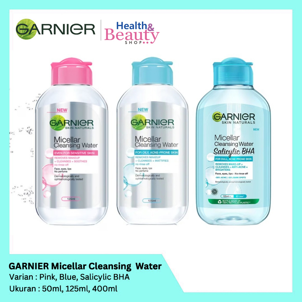 Garnier Micellar Cleansing Water Pink | Blue | Salicylic BHA | Biphase Oil | Vit C Yellow | Rose Water | 400 ml | 125 ml | 50 ml | Micellar Water Make up Remover