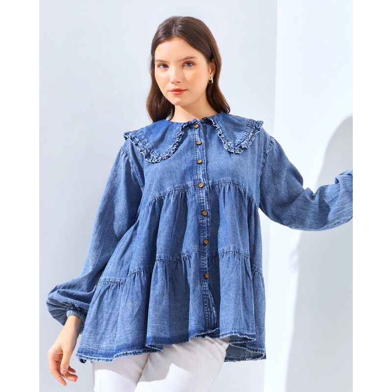 KEMEJA DENIM KERAH RUFFLE ARASEL - KEMEJA DENIM BKK IMPORT