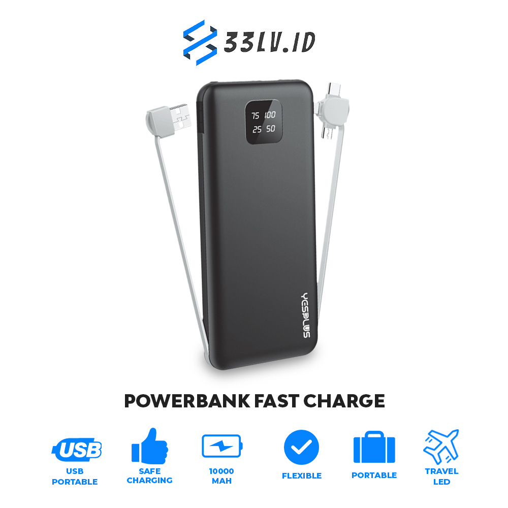 【33LV.ID】POWERBANK 10000MAH YS-911 Fast Charging Murah Mini LCD with Kabel Data lightning Type C Micro USB