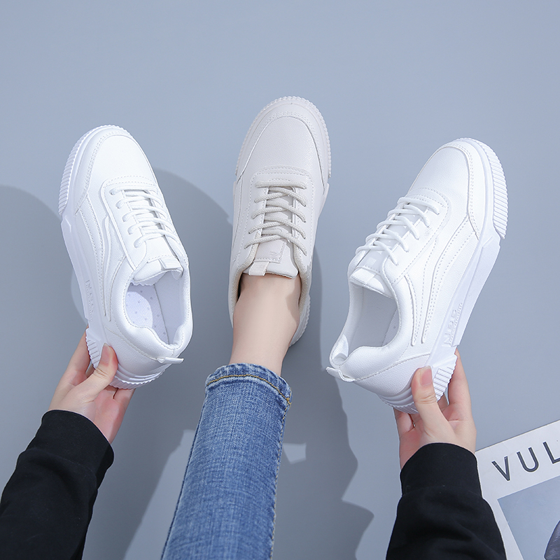 Sepatu Kets Sneakers Putih Wanita Perempuan Sekolah Korea Casual Kulit Sol Karet Tali Import Murah Casual Fashion White Beige Skate Shoes - Ukuran 35 36 37 38 39 40