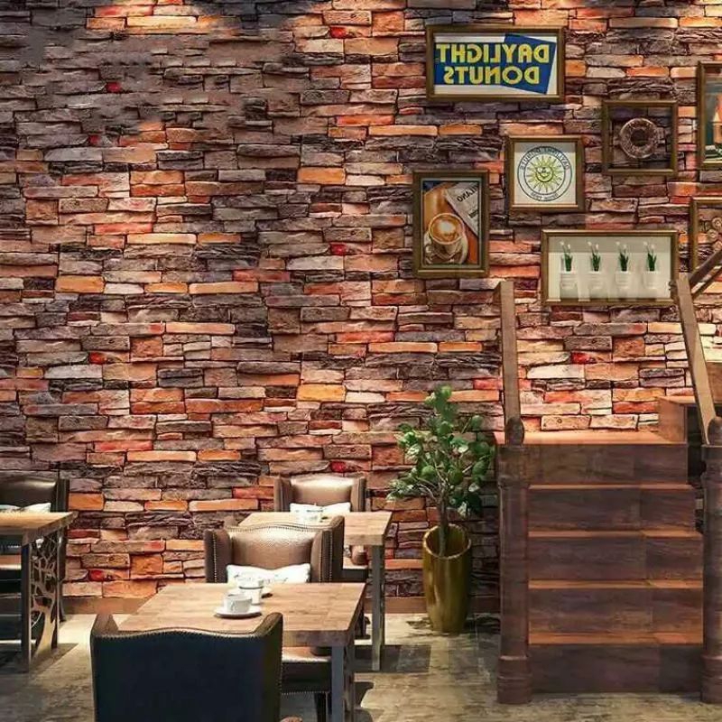 Wallpaper Sticker Dinding Motif Batu Alam Coklat Hitam Kombinasi Warna 3D Murah Dan Berkualitas Prem