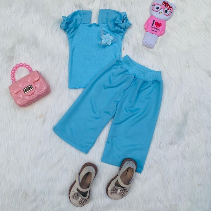 Baju Setelan Anak Cewe Blouse Crop Pita Lucu Ruffle Knit | One set anak Perempuan Bahan Rib knit Dan Celana Baby Terry Import