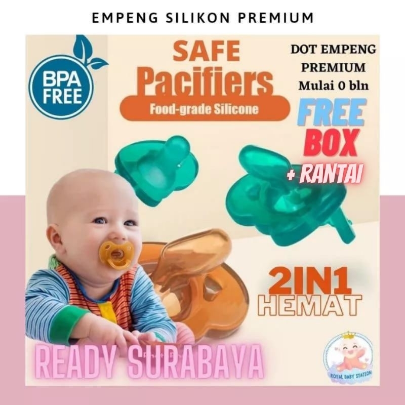 PROMO FREE RANTAI Premium Dot Empeng Bayi Silikon Hijau Coklat Bulat Gepeng mulai 0 bulan Premium Free Box BPA Free