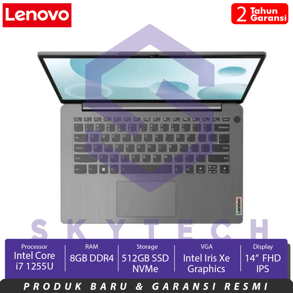 LAPTOP LENOVO IDEAPAD 3 14IAU7 5QID INTEL CORE i7 1255U RAM 8GB SSD 512GB WINDOWS 11 OHS 82RJ005QID