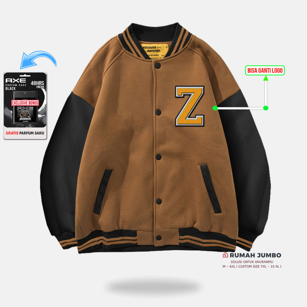 Jaket Bomber Varsity Oversize (M - 6XL) Baseball Custom Z MILLO BLACK