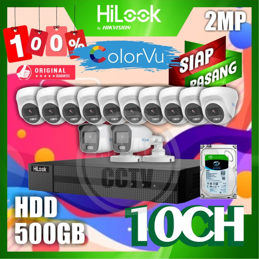 Paket CCTV HiLook 2MP COLORVU 10 KAMERA HDD 500GB SIAP PASANG