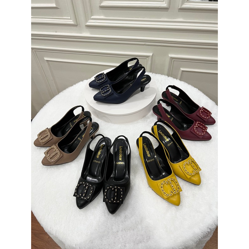 sepatu heel wanita terbaru kantor LOUISDEAR P101 bahan kulit dove heel 3 cm tali belakang