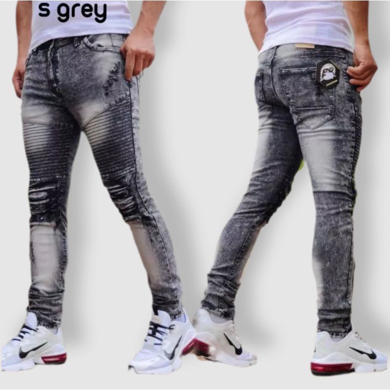 Celana Pria Jeans Bikers Hitam Polos Sobek Ripped