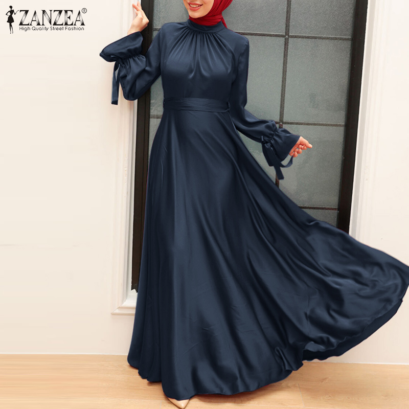 ZANZEA Women Retro Muslim Flare Sleeve O-Neck Solid Irregular Hem Fashion Casual Maxi Dress