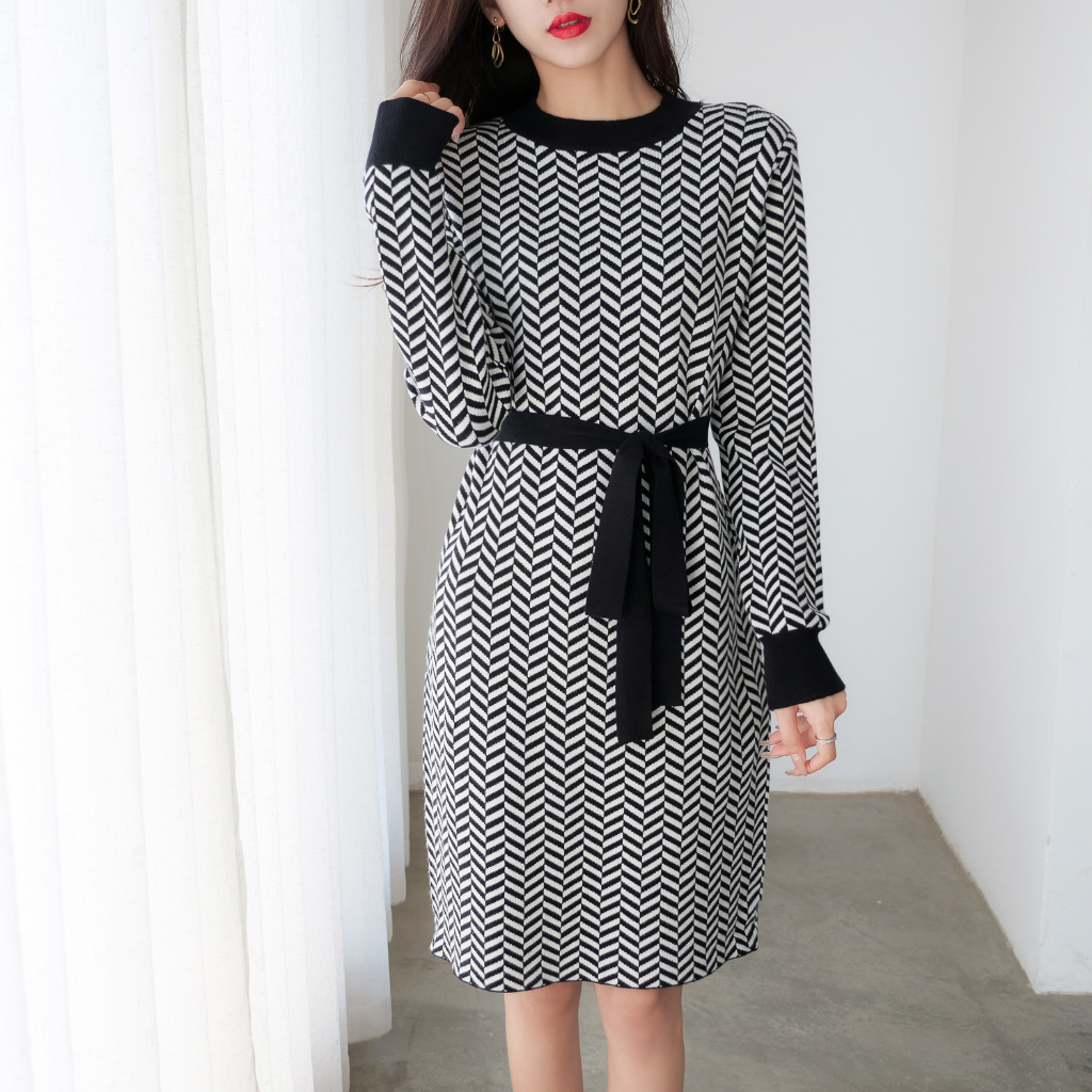 【Elegant】Zigzag Midi Belted Dresses 2102