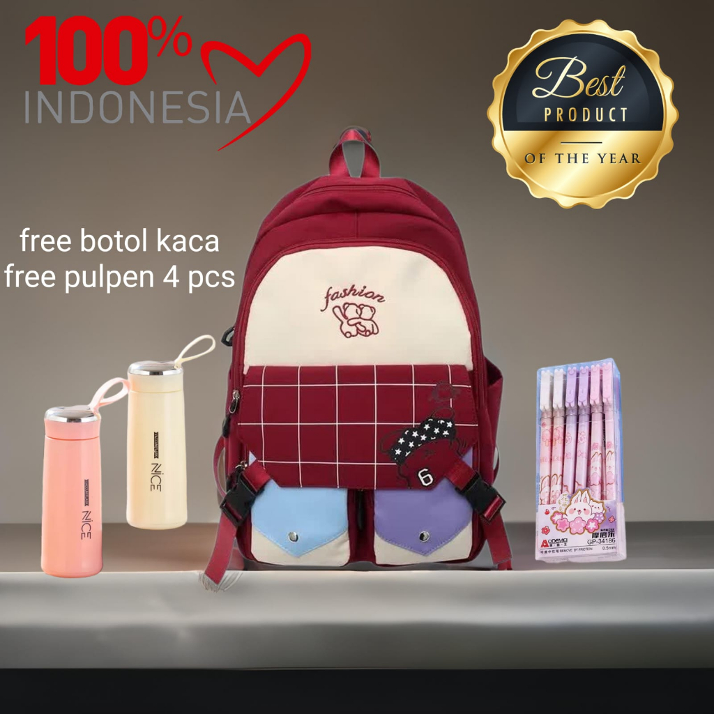 Tas Ransel Wanita Motif KUTAI Korean Style Backpack Sekolah Perempuan Stylish 2023 FREE BOTOL