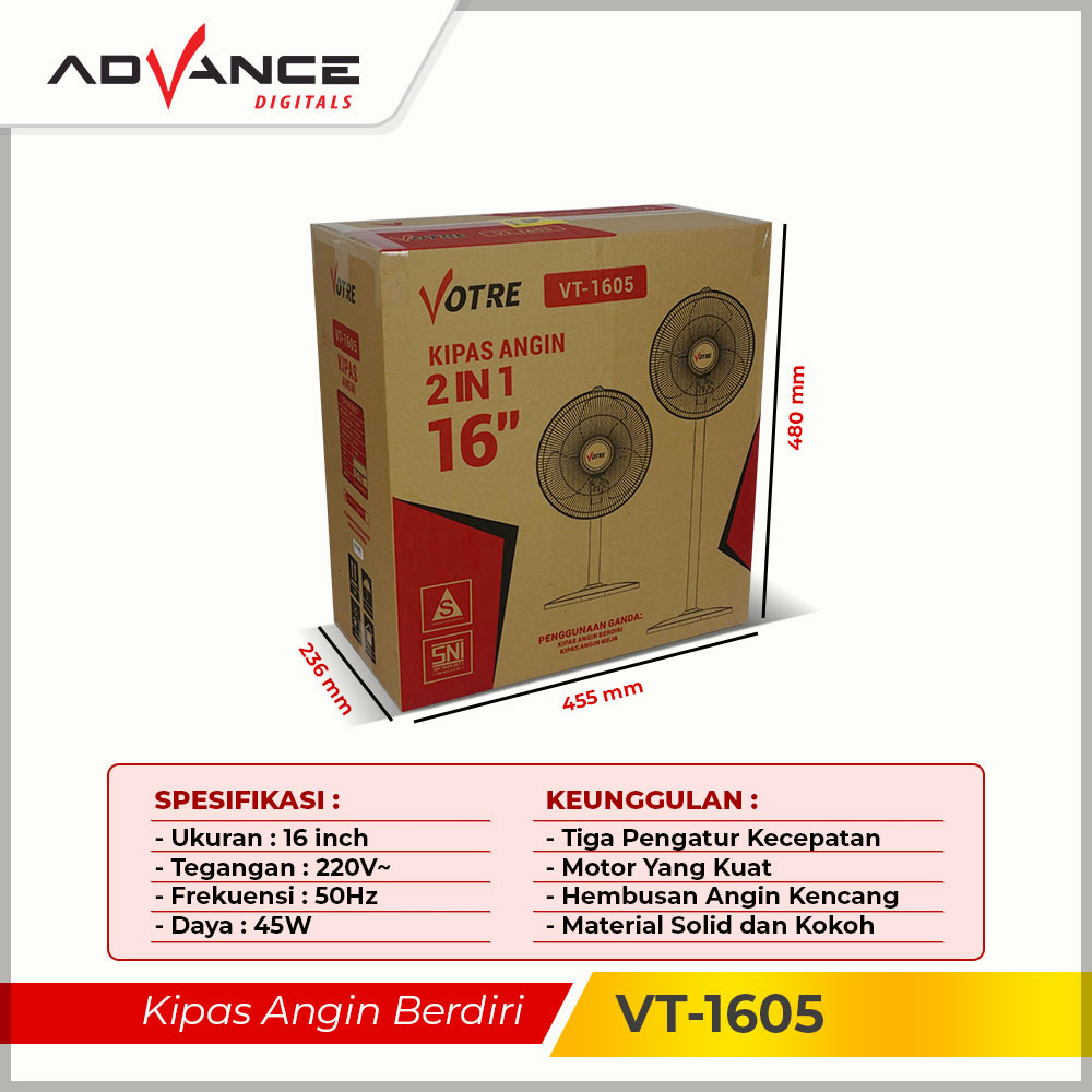 Ready Stock Advance Kipas Angin Berdiri Stand Fan VT1605 Votre 16 inch Garansi Resmi 1 Tahun