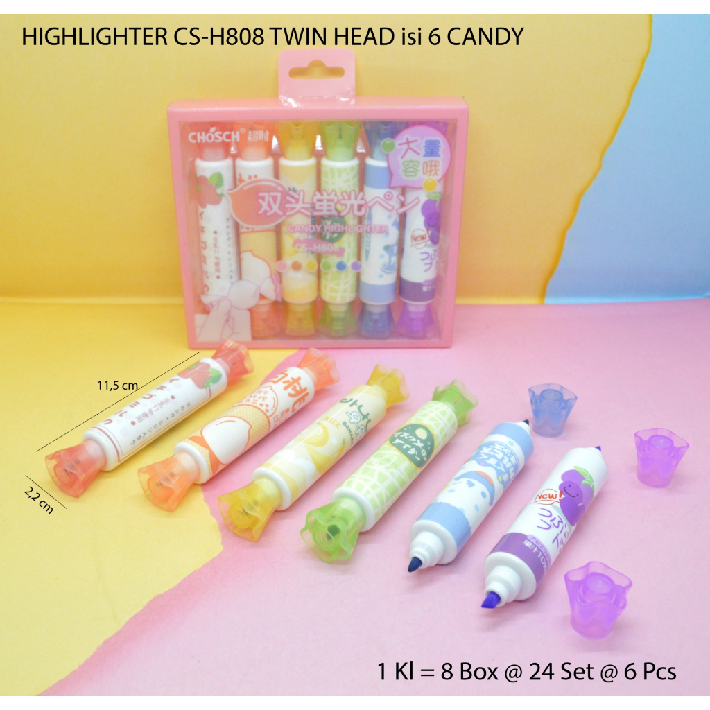 

highlighter twin candy besar kode 808 / kecil 733 isi 6 dual tip pastel color benny