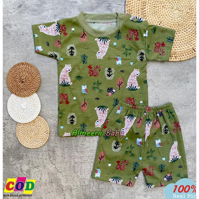 Setelan Baju Bayi Piyama Bayi Laki Laki Perempuan Lengan Pendek Motif Printing Tupai Usia 3-12 Bulan Almeera Baby and Kids