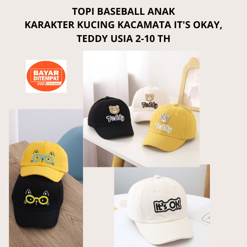 Topi Anak model Bisbol karakter lucu Kucing Kacamata, It's Okay dan Teddy Bear usia 2-10 th