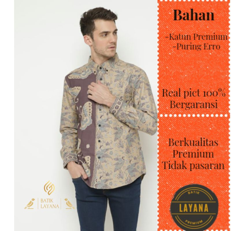 Kemeja Batik Layana Duawarna Kupu Coklat Cream Slimfit Premium