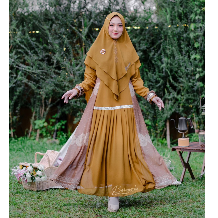 Gamis ceruty babydoll set Khimar Kanaya bermerks Zemima Alesa Permata motif printing Salur Berlian hijab syari Seruti ultimate grosir