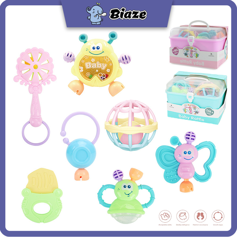 Biaze Baby Teether Rattle Teething Kit Mainan /Gigitan Bayi Gigitan /Bayi Teether Mainan Bayi /Rattle Teether bayi dengan kontainer 7 pcs set