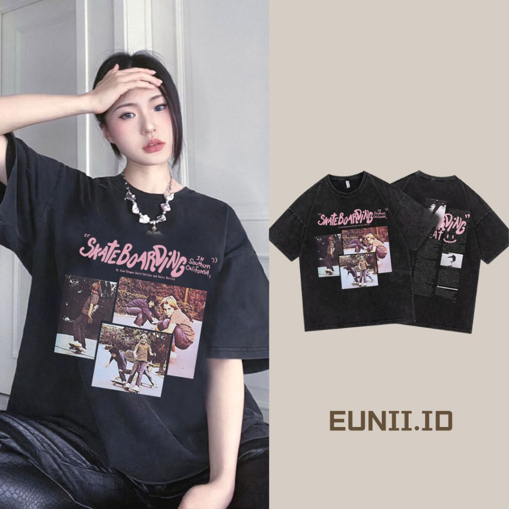 EUNII T-shirt Lengan Pendek Black Washed Vintage Pink Hiphop CD Printing Korean Style/Kaos Atasan Wanita/Baju Wanita/Kaos Wanita