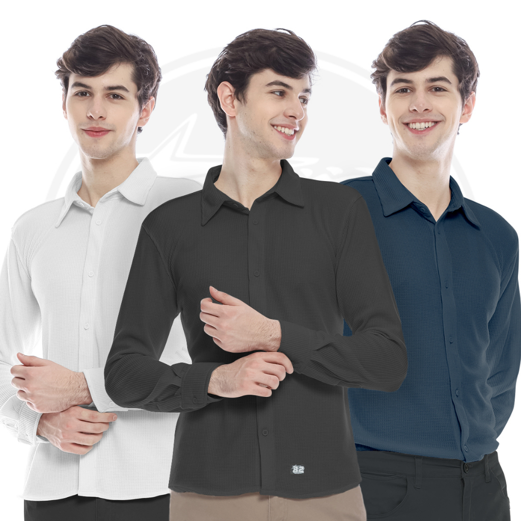 kemeja Waffle Pria Lengan Panjang Kmeja Cowo Cowok Original N82