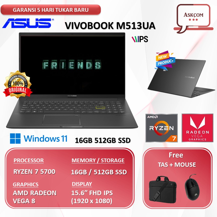 Laptop Asus VivoBook M513UA RYZEN 7 5700 16GB 512GB SSD VEGA 8 W11PRE 15.6 FHD IPS