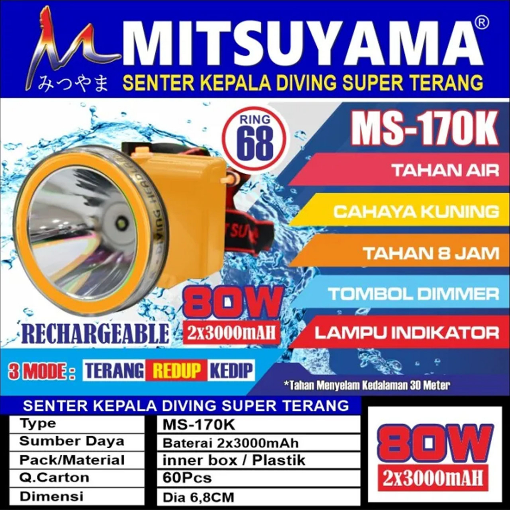 Senter Kepala MITSUYAMA MS 170K 80 Watt / MS 172K 50 Watt Senter Selam Water Resistant Anti Air