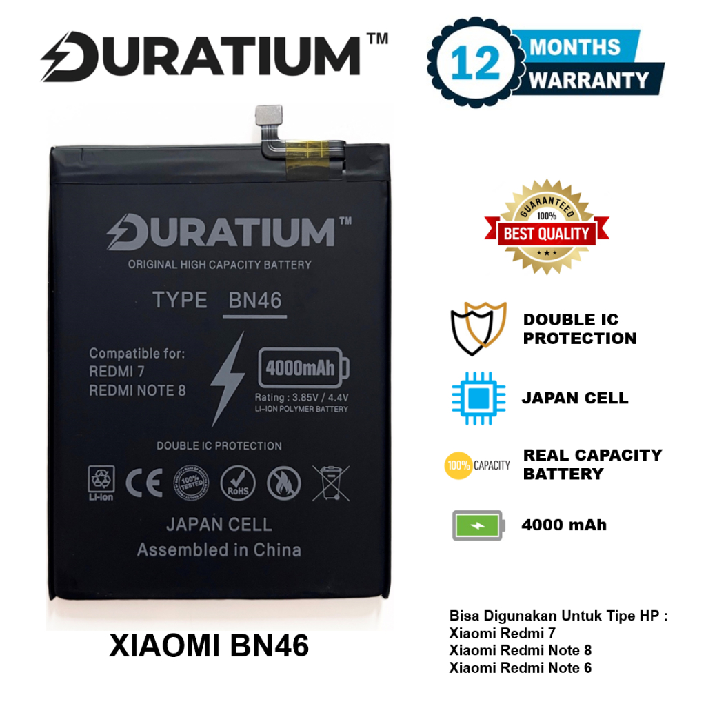Baterai Duratium Xiaomi Redmi 7 / Redmi Note 8 / Redmi Note 6 BN46 BN 46 4000 mAh Original Batre Batrai Battery HP