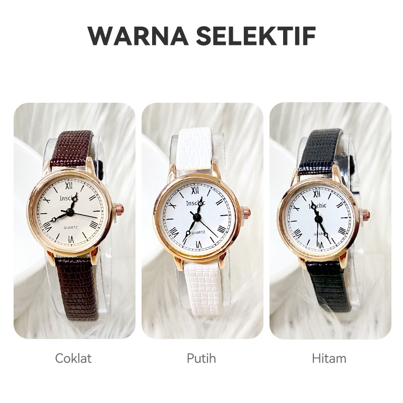 Jam Tangan Wanita Kecil  Angka Romawi Strap PU Retro Style Dial Bulat Fashion Import