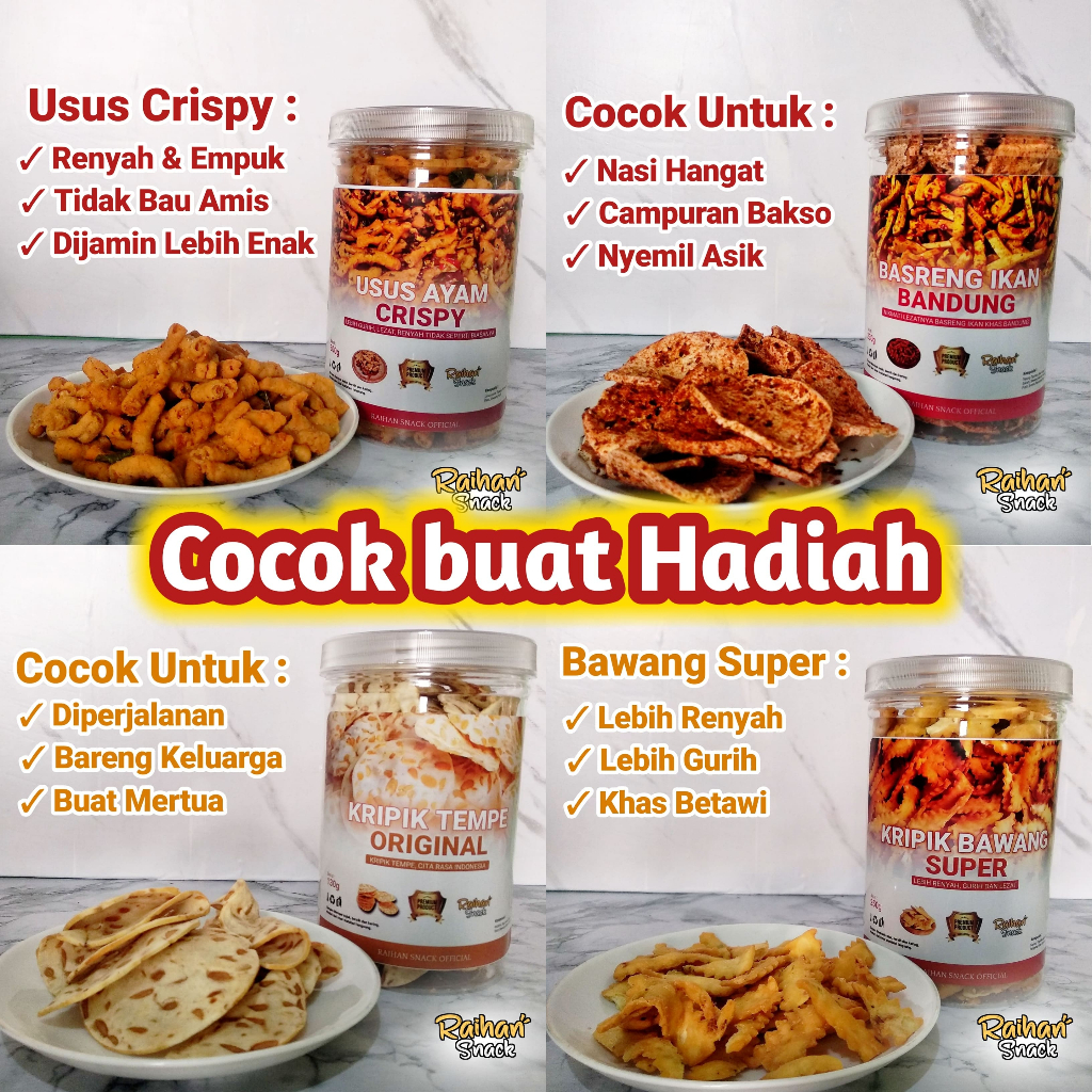 

Raihan Snack Cemilan Usus Crispy Basreng Kripik Tempe Kue Bawang Telor Gabus Keju