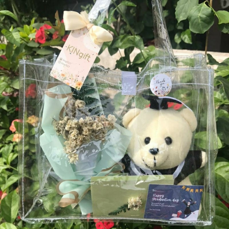 KADO HAMPERS GIFT HADIAH BONEKA BUKET  EDELWEISS TAS TRANSPARAN WISUDA ULANG TAHUN ANNIVERSARY FREE 