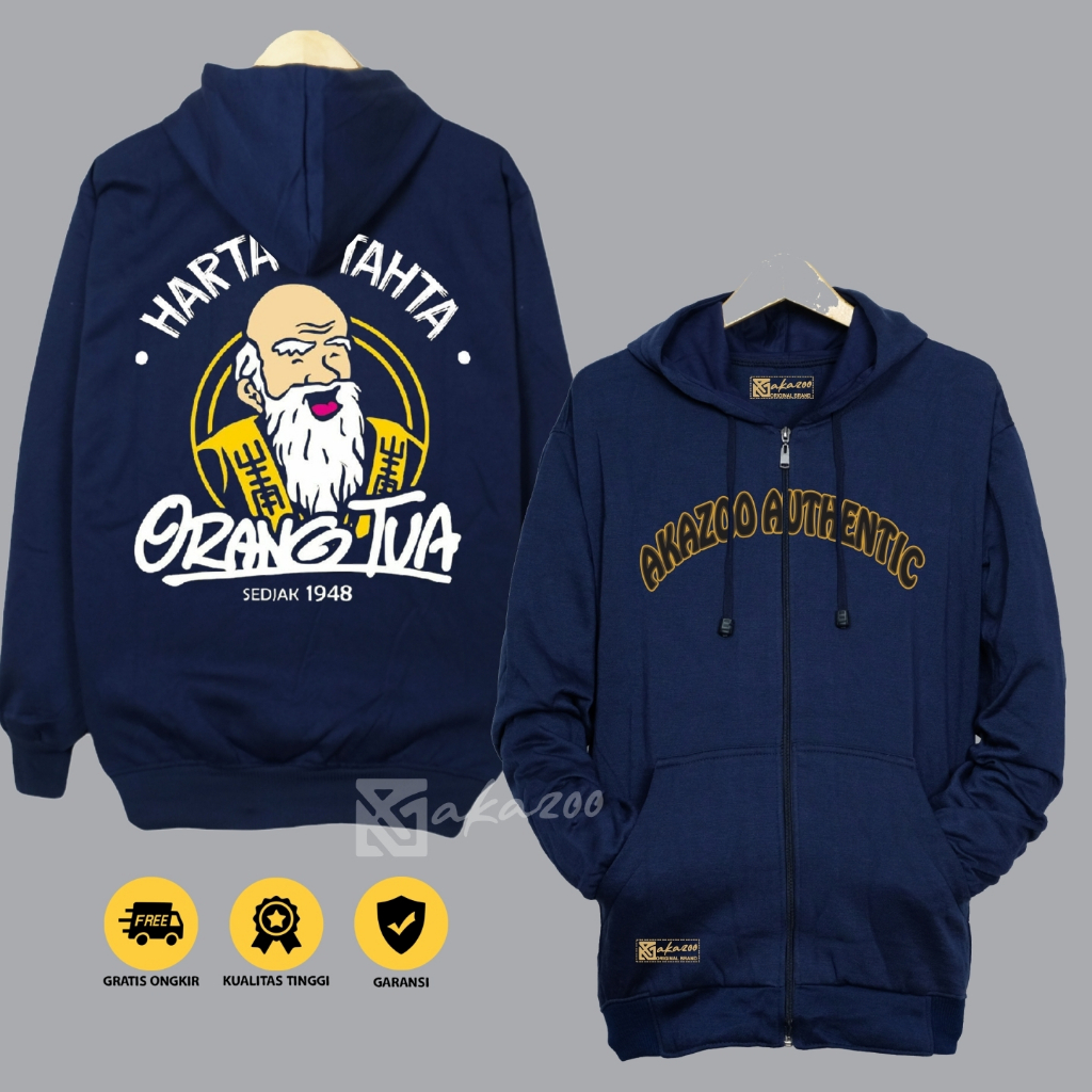 zipper jacket pria resleting akazoo warna navy blue HARTA TAHTA ORANG TUA sablon depan blakang