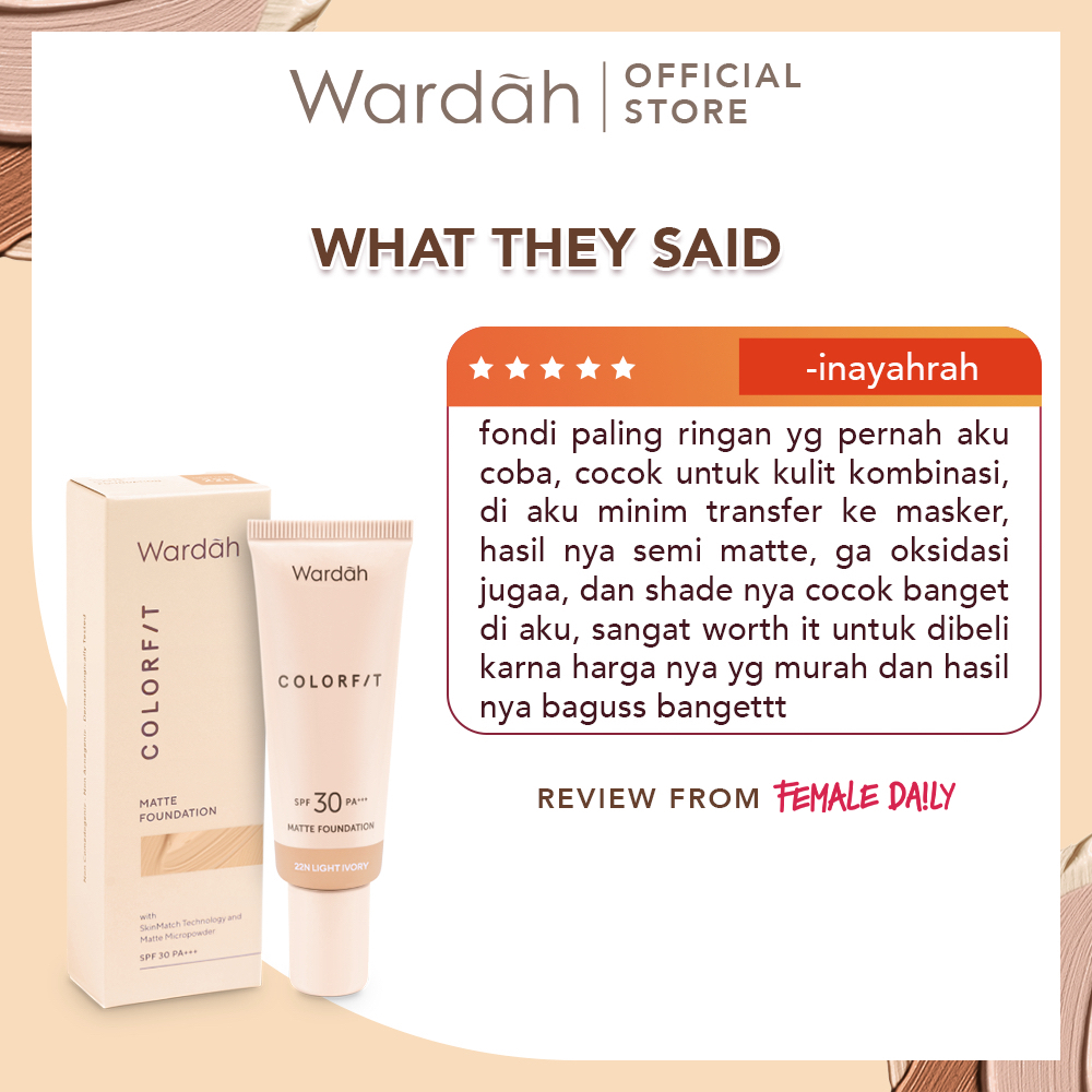 WARDAH Colorfit Matte Foundation Indonesia / Liquid Foundation 25ml / With SkinMatch Technology And Matte Micropowder SPF 30 PA+++ / Covers Imperfections Oil Control Transfer Resistant/ Pink Ivory Neutral Beige Sand Almond / Cosmetic Makeup Face Make Up