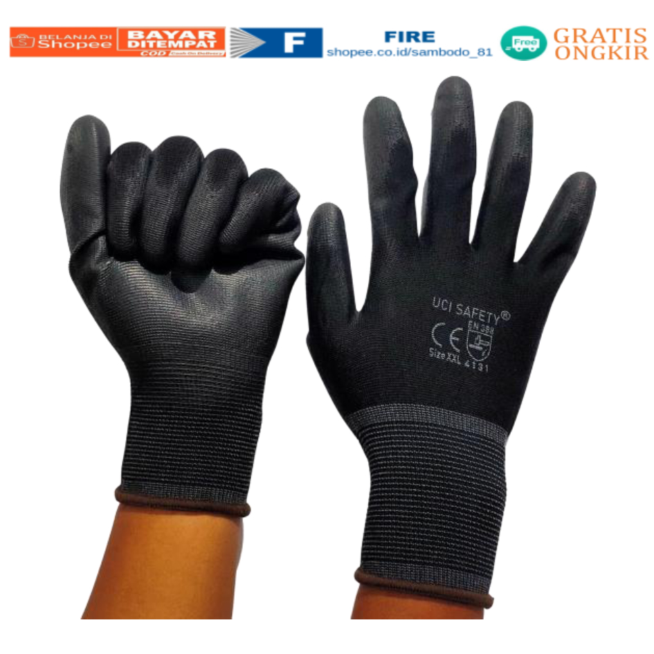 Sarung Tangan Bengkel otomotif Bagunan Coating Karet Pengaman kerja Packing PU Statis Multitask Karet Palm Fit Ukuran S,M, L, XL Proyek Satpam Anti Slip Hitam Black Hand Gloves