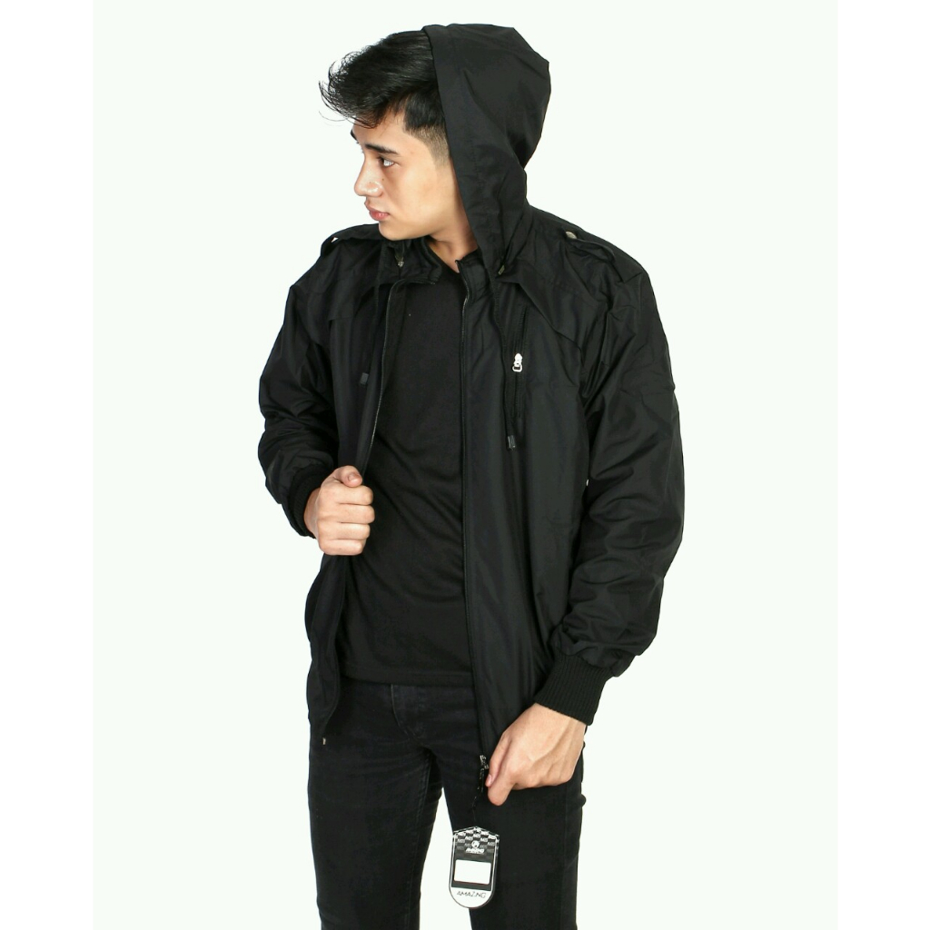 Justrue Jaket Parasut Pria Polos Waterproof Hitam